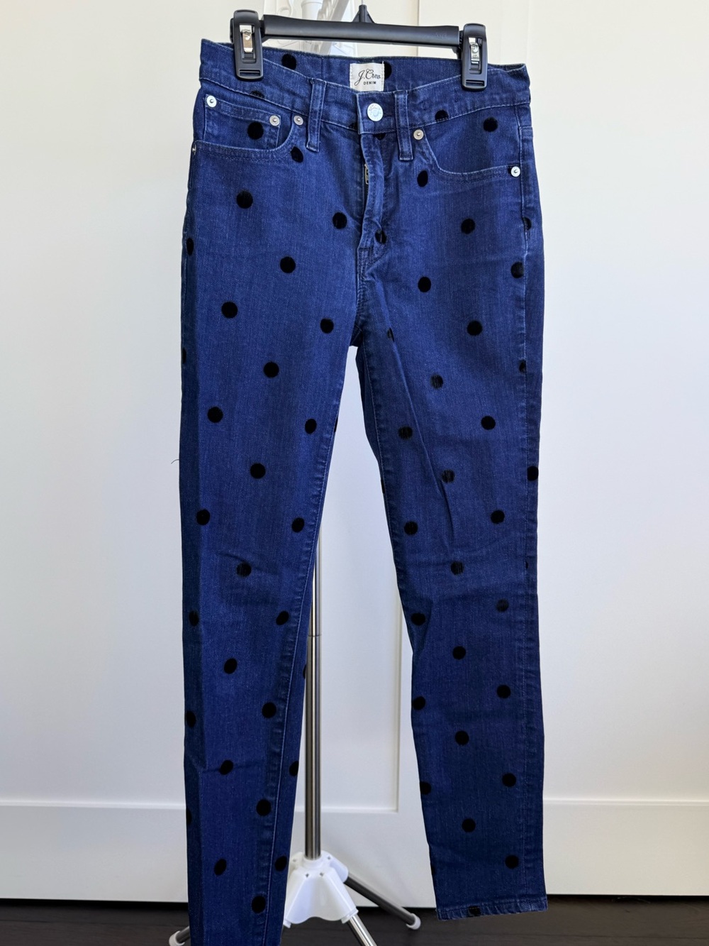 J. Crew Blue Skinny Jeans with Black Polka Dots